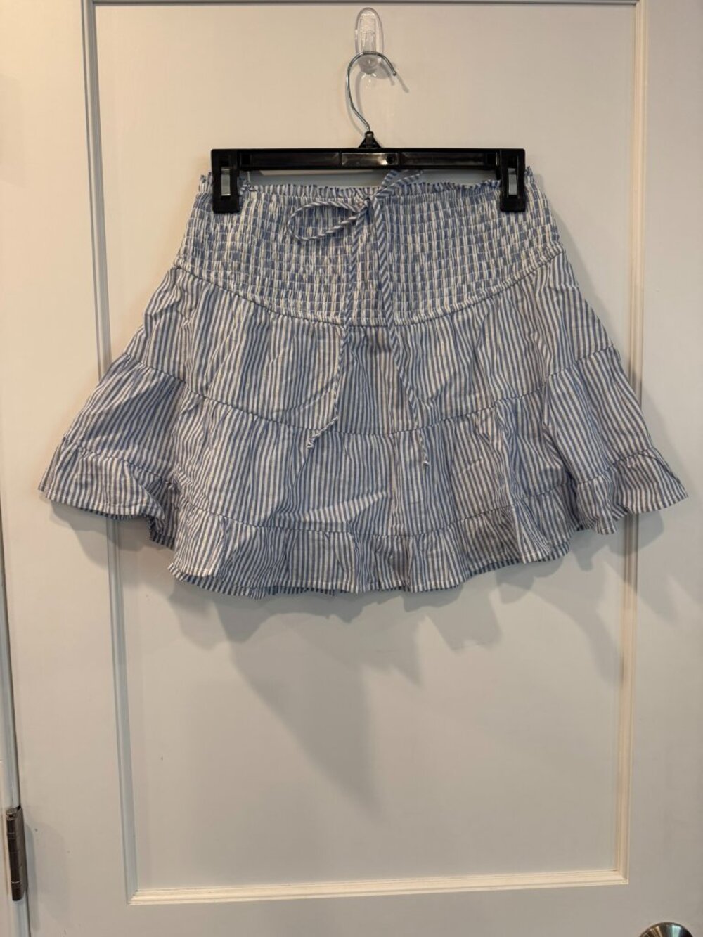 Blue and White Striped Mini Skirt with Smocked Waist and Ruffle - Medium